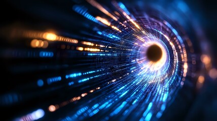 Poster - Digital tunnel with glowing blue and orange light streams radiating from central dark circle, creating dynamic motion effect for technology and data transfer concepts.