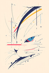 Poster - Abstract Cat Portrait: A striking abstract illustration of a cat's face, rendered in a modern, graphic style with bold lines, splashes of color, and a captivating gaze.