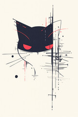 Poster - Abstract Cat Illustration: A striking minimalist illustration features the silhouette of a cat, composed of geometric lines and shapes. The cat's enigmatic gaze is enhanced by red eyes. 
