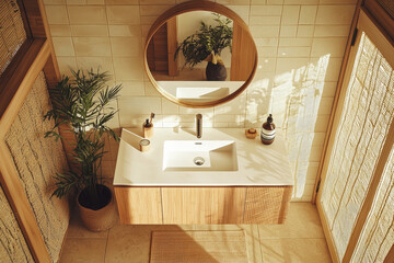 Poster - Sunlight streams through the window onto a sleek wooden vanity, creating a peaceful atmosphere in this stylish bathroom space