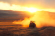 © imagemir - A tractor plows through golden fields at sunset, enveloped in a cloud of dust, capturing the essence of rural life.