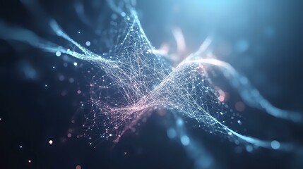 Poster - Glowing network of interconnected dots and lines forming abstract plexus structure with light particles on dark background, blue and pink color scheme.