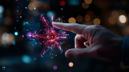 Poster - Magical glowing star burst effect when finger touches sparkle point in dark space with bokeh lights, creating ethereal energy visualization for fantasy concepts.