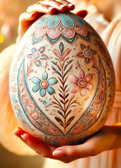 Aufkleber - Decorative handcrafted egg displayed by person in warm lighting, showcasing intricate floral designs and artistic craftsmanship