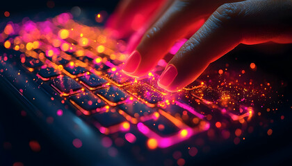 Poster - Glowing keyboard with fingers typing, creating a vibrant, digital energy effect