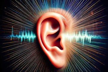Aufkleber - Ear with sound waves radiating in vibrant colors, showcasing the connection between hearing and sound at night
