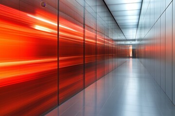 Fototapete - Futuristic corridor with vibrant red light streaks, creating a sense of motion and depth in a sleek, modern environment.