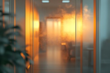 Poster - Blurred view of an office corridor illuminated by warm sunset light, creating a cozy and inviting atmosphere.
