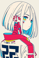 Poster - Cyberpunk Portrait: A captivating portrait of a futuristic girl, a blend of human features and cyberpunk elements. She is standing confidently, her features a fusion of human and advanced technology