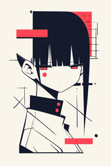 Poster - Abstract Anime Girl Portrait: An abstract anime-style portrait of a girl, with a minimalist design featuring bold lines, geometric shapes, and a striking color palette. 