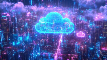 Poster - A glowing cloud-shaped hologram floats above a dense matrix of microchips, representing seamless cloud computing and data integration, with neon blue and purple lights.