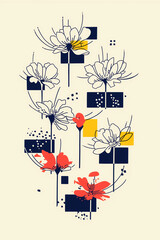 Poster - Geometric Floral Arrangement: An elegant and artistic illustration featuring a stylish arrangement of stylized flowers with clean lines, geometric shapes, and a vibrant color palette