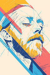 Poster - Artistic Portrait of Contemplation: A thought-provoking illustration of a man with a beard in a moment of serene reflection, rendered in vibrant colors and dynamic lines, captured in an artistic.