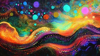 Leinwandbilder - Vibrant Neon Waves of Light: Dynamic Abstract Digital Landscape with Colorful Dots