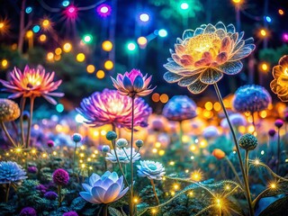 Poster - Glowing Floral Garden Line Art Double Exposure Stock Photo - Mystical Night Bloom