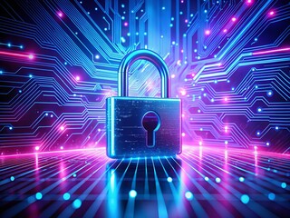 Poster - Glowing Blue Padlock on Pink Cybersecurity Matrix - 8K Data Protection Banner