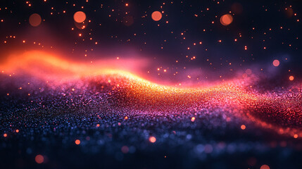 Poster - A vibrant abstract image featuring a wave of colorful particles and shimmering lights against a dark background, creating a dynamic visual effect.