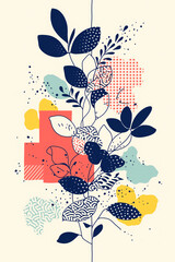 Poster - Botanical Abstraction: An artistic depiction of a plant featuring various leaf and floral elements intertwined with geometric shapes and vibrant color palettes.