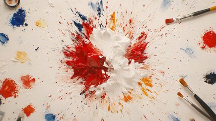 Poster - A colorful explosion of paint splatters on a canvas, showcasing vibrant reds, blues, yellows, and whites, along with brushes scattered around