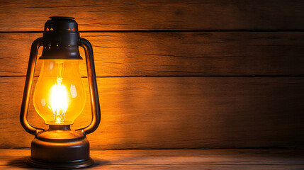 Poster - A vintage lantern emits a warm glow against rustic wooden panels, creating a cozy and nostalgic ambiance