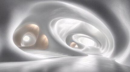 Poster - a futuristic, abstract interior with smooth, flowing forms and soft lighting, creating an ethereal a
