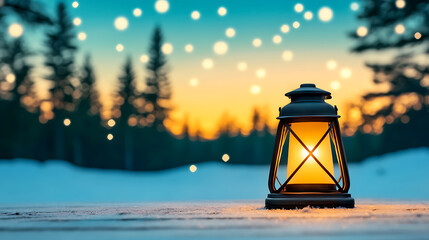 Poster - A glowing lantern sits on a snowy surface, with a serene sunset and twinkling lights in the background, creating a warm, inviting atmosphere
