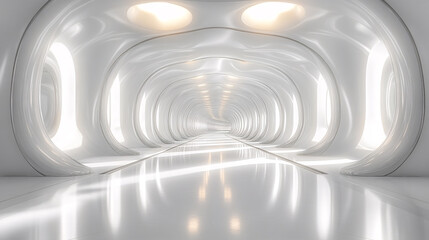 Poster - A sleek, futuristic hallway with smooth white walls and bright lighting, creating an otherworldly atmosphere.