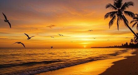 Poster - A beautiful sunset over the ocean with a few seagulls flying in the sky