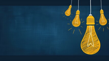 Poster - Bright Ideas Hanging Lightbulbs on Dark Blue Chalkboard Background Creative Concept