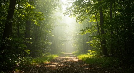 Poster - A forest path with sunlight shining through the trees