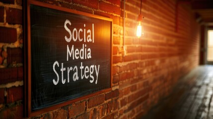 Poster - Social Media Strategy Chalkboard Sign on Brick Wall with Warm Lighting
