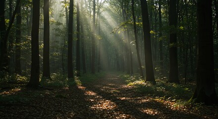 Poster - A forest path is lit by the sun, creating a peaceful and serene atmosphere