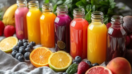 Aufkleber - A variety of colorful fruit juices are arranged in glass bottles on a table. Surrounding the bottles are fresh berries, citrus slices, and mint leaves, creating a vibrant, refreshing atmosphere.
