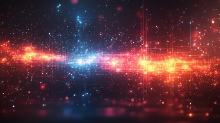 Aufkleber - Abstract cosmic background with red and blue glowing particles and light streaks.