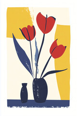 Poster - Vibrant Tulip Bouquet: A visually striking illustration featuring three bold red tulips in a dark vase, juxtaposed against abstract shapes.