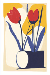 Poster - Artistic Floral Abstraction: A vibrant abstract art piece featuring two stylized red tulips in a delicate vase, set against a backdrop of bold shapes and colors.
