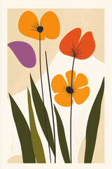 Poster - Abstract Floral Composition: An artistic, minimalist illustration showcasing vibrant flowers with bold, abstract shapes and colors, creating a modern and elegant aesthetic.