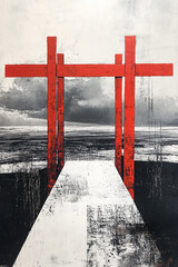 Poster - Red Gate Abstraction: A striking abstract composition showcasing a vibrant red gate against a backdrop of contrasting black, white, and hints of moody skies. The image evokes a sense of mystery.