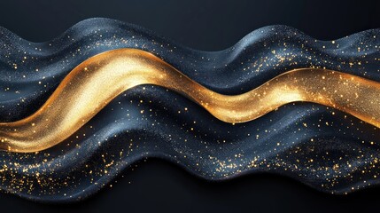 Poster - Abstract dark blue and gold wavy fabric with glitter.