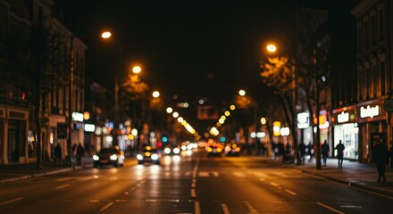 Poster - A busy city street at night with many cars and pedestrians