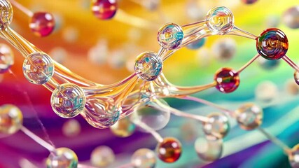 Poster - Molecules dynamically interacting over a colorful, flowing background in an abstract setting, molecules moving over waving multi coloured background