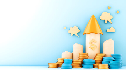 Poster - A vibrant illustration of a stylized rocket made of wood, surrounded by stacks of coins, symbolizing financial growth and investment