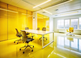 Poster - Empty Modern Office Interior, Yellow Blurred Long Exposure, Business Meeting Room, Copy Space