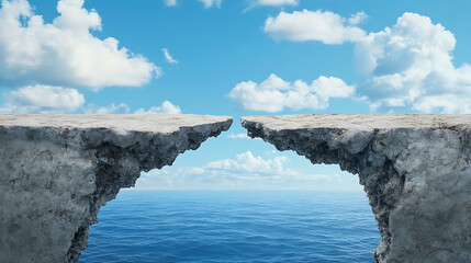 Poster - A dramatic landscape featuring two rocky cliffs separated by a vast ocean under a bright, cloudy sky