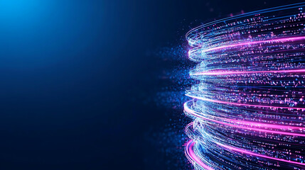 Poster - A vibrant abstract design featuring glowing lines and particles against a blue background, creating a sense of movement and energy