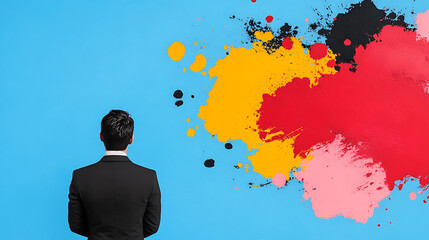 Poster - A man in a suit stands before a vibrant, abstract paint splash on a blue wall, symbolizing creativity and inspiration