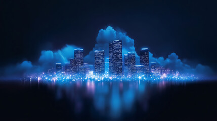 Poster - A futuristic cityscape illuminated in blue tones, surrounded by clouds, reflecting on a calm surface, creating a serene and mystical atmosphere