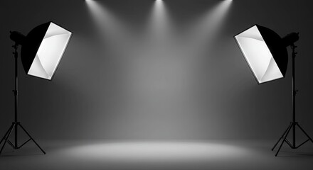 Poster - Two black and white lighting fixtures are set up in front of a gray background