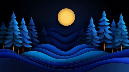 Poster - A digital illustration depicts blue evergreen trees standing on layered blue hills under a shining yellow moon in a dark night sky dotted with stars,