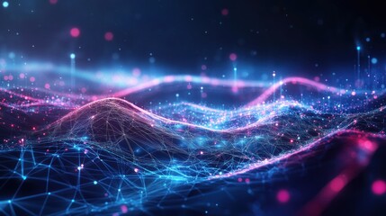 Poster - Abstract digital landscape with glowing particles and lines, representing data flow and connectivity.